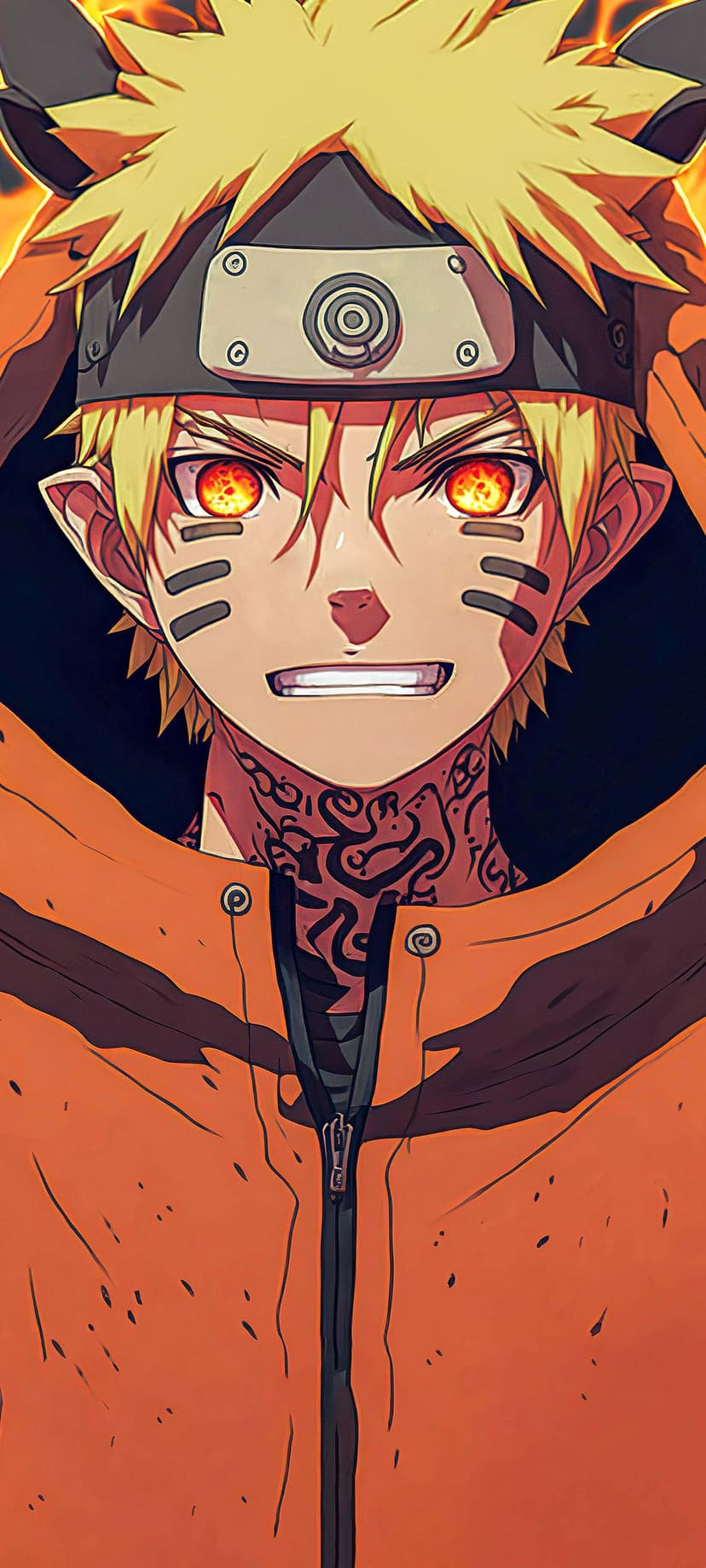 Naruto Uzumaki in Sage Mode with orange eye markings, a forehead protector, and a high-collared orange jacket.