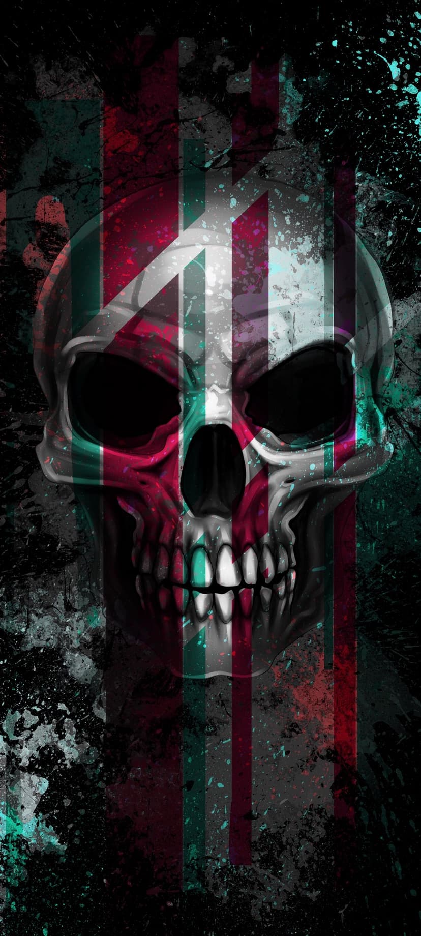 Skull fractured by vertical Union Jack stripes in red and teal over a dark, paint-splattered backdrop.