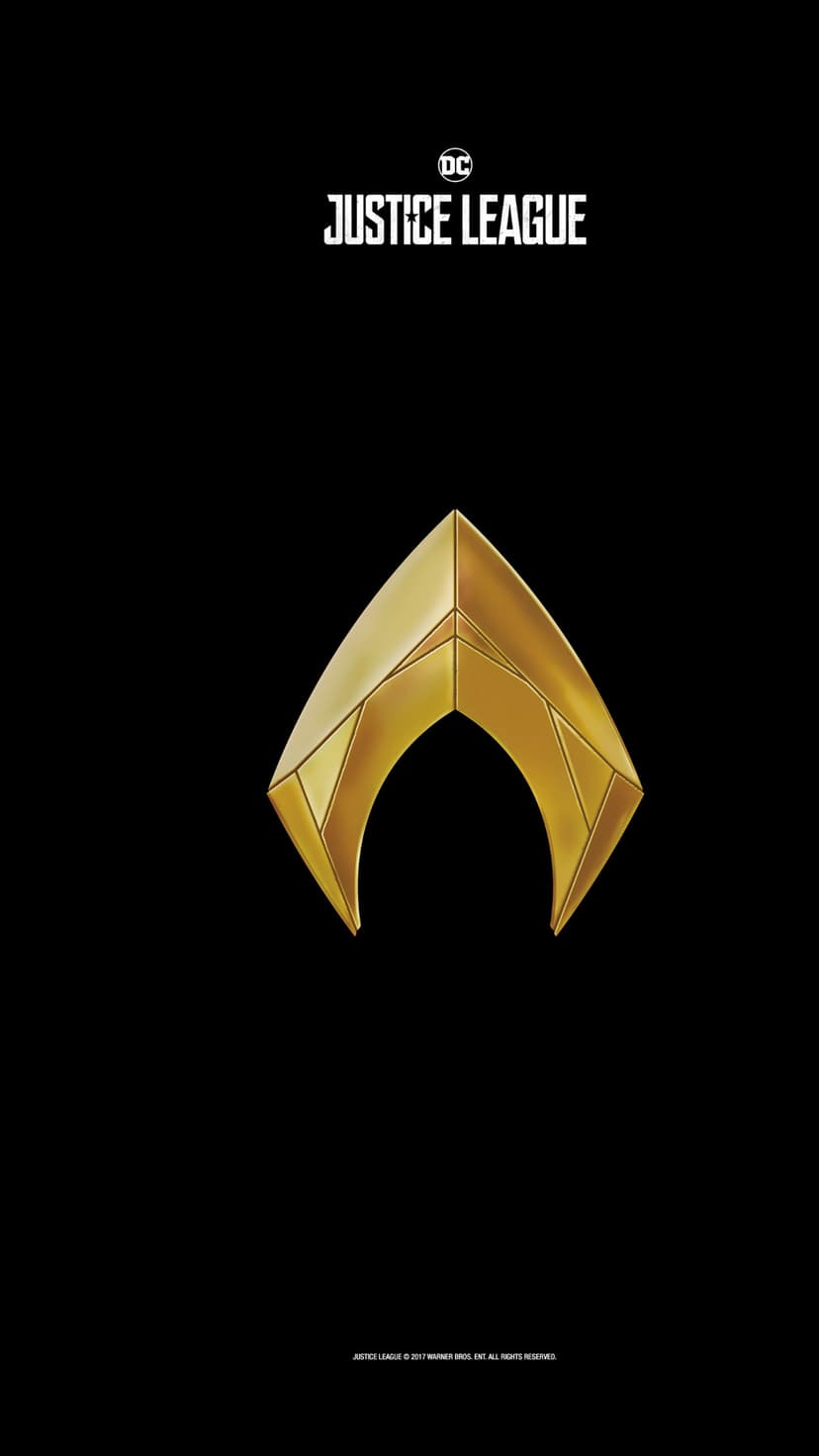 Aquaman golden trident logo centered on a black background with Justice League movie branding at the top.