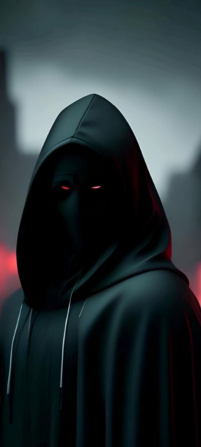 Hooded figure with luminous red eyes stands in a foggy urban setting with dark shadows and crimson lighting.