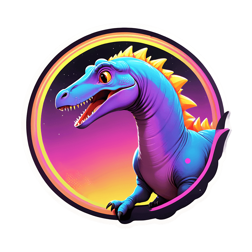 Blue purple raptor dinosaur profile with yellow spikes inside a rainbow circular frame with cosmic stars.