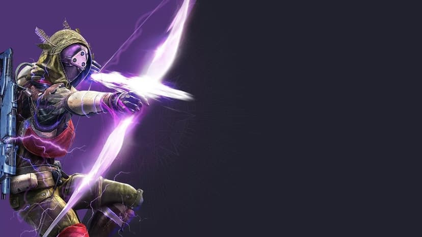 Hunter Guardian aiming a glowing purple energy bow with radiant lightning effects against a dark textured background.