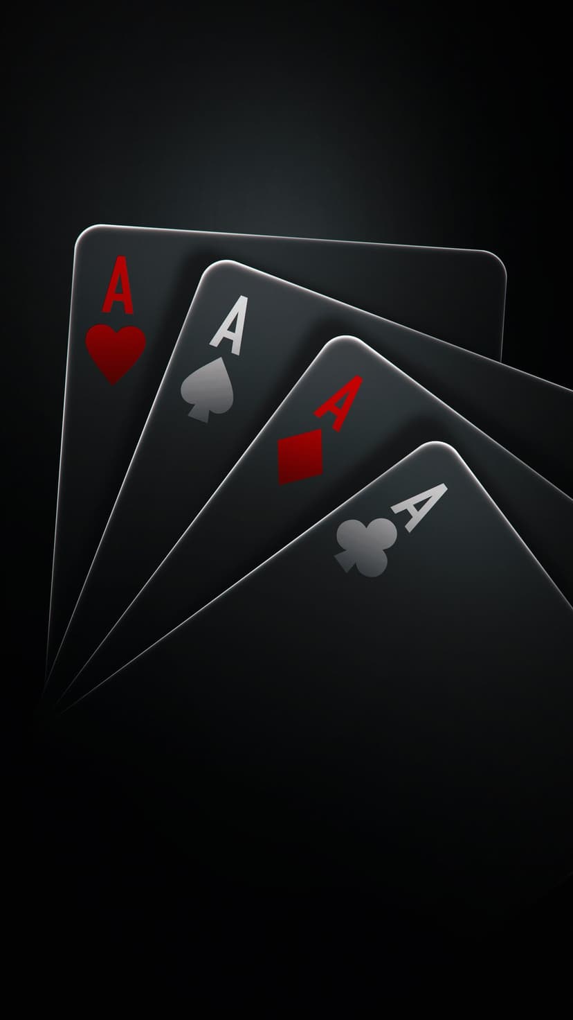 Four aces playing cards fanned out against a black background with subtle rim light on the suits and edges.
