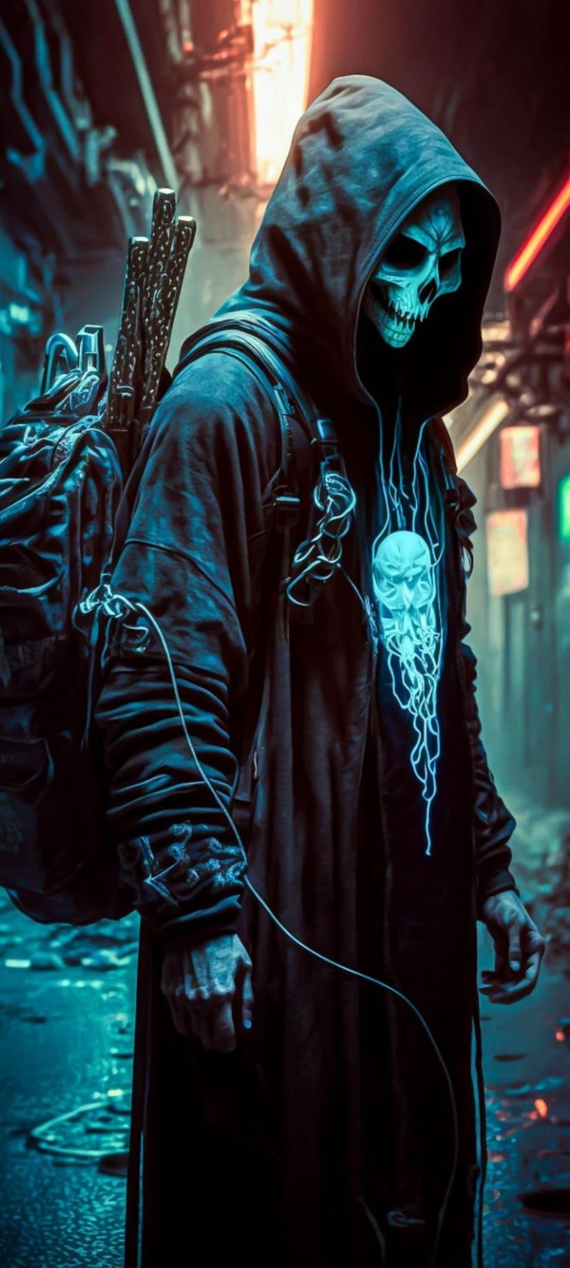 Hooded figure with a glowing blue skull face and tactical backpack standing in a rain-slicked neon cyberpunk alley.