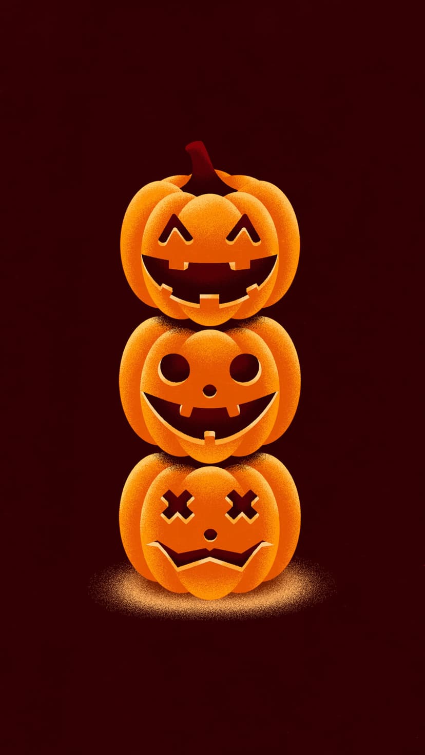 Three stacked jack-o'-lanterns with carved faces glow against a dark maroon background on a vertical screen.