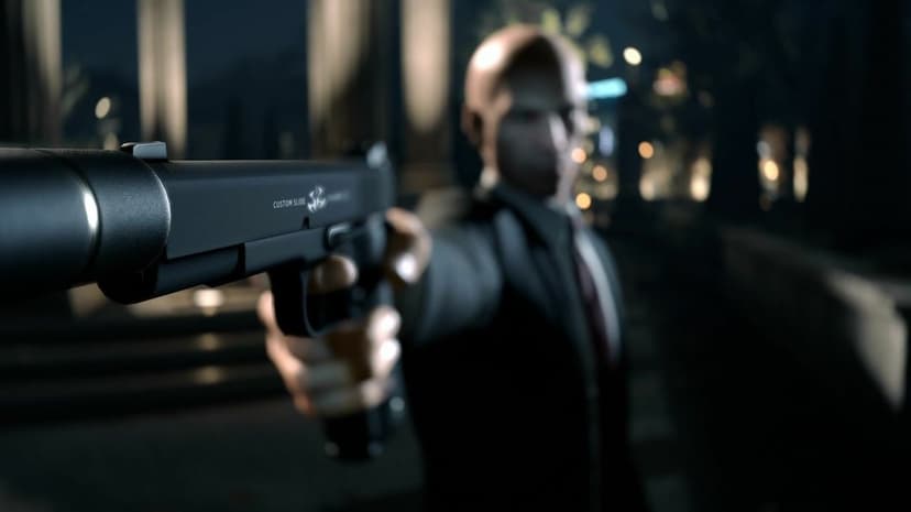 Agent 47 points a silenced pistol forward with cinematic bokeh lighting and a blurred dark background.