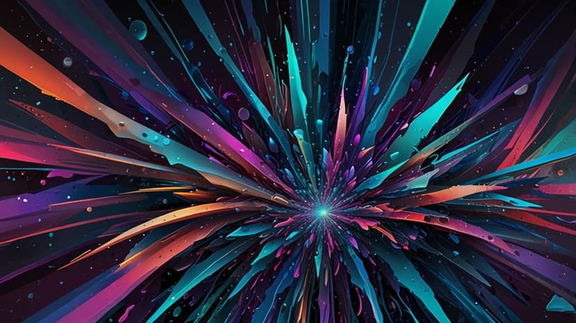 Bright teal and purple light shards explode outwards from a central white core against a black background.