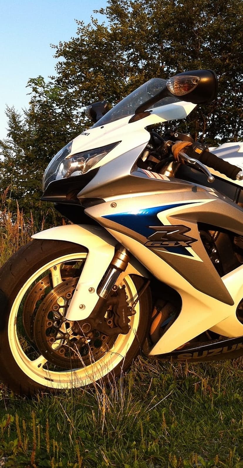 Suzuki GSX sportbike in silver and white parked in tall grass under a blue sky during sunset golden hour.