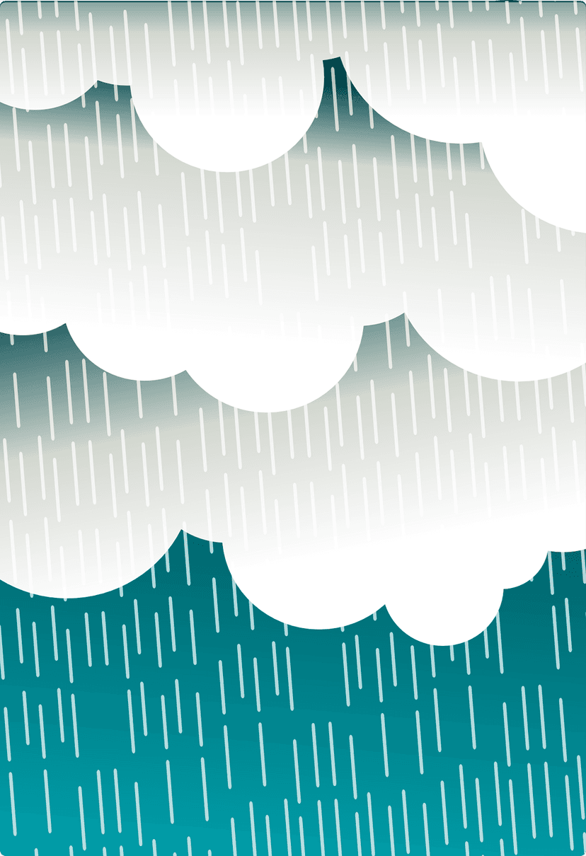 White rain streaks and stylized clouds overlap a deep teal and grey gradient in a minimalist vertical scene.