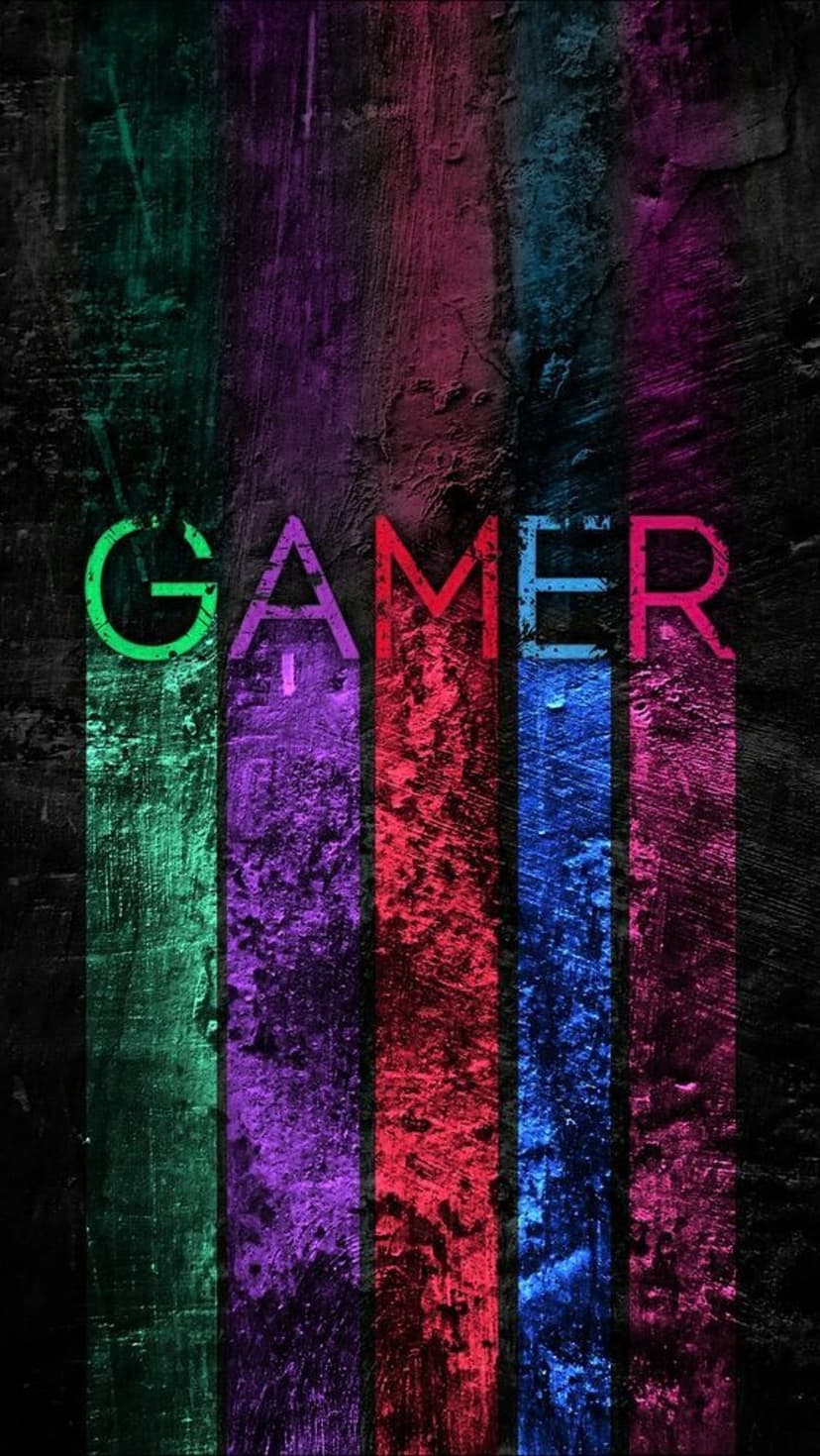 Gamer text in bold block letters is centered over vertical stripes of green, purple, red, and blue neon.
