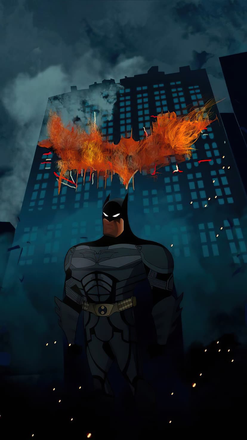 Batman stands in a dark tactical suit before a skyscraper engulfed in flames shaped like a bat-symbol at night.