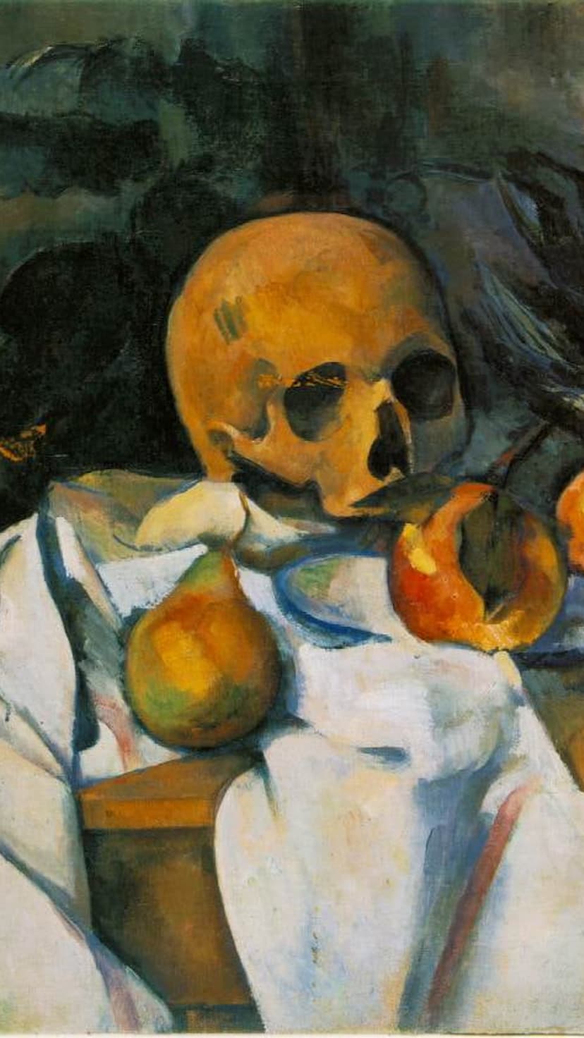 Human skull sits next to ripe apples and pears on a white draped cloth against a dark, moody, textured background.