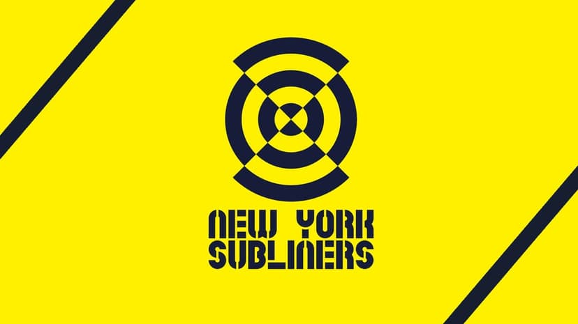 New York Subliners logo and stylized text on a bright yellow background with navy blue diagonal corner stripes.