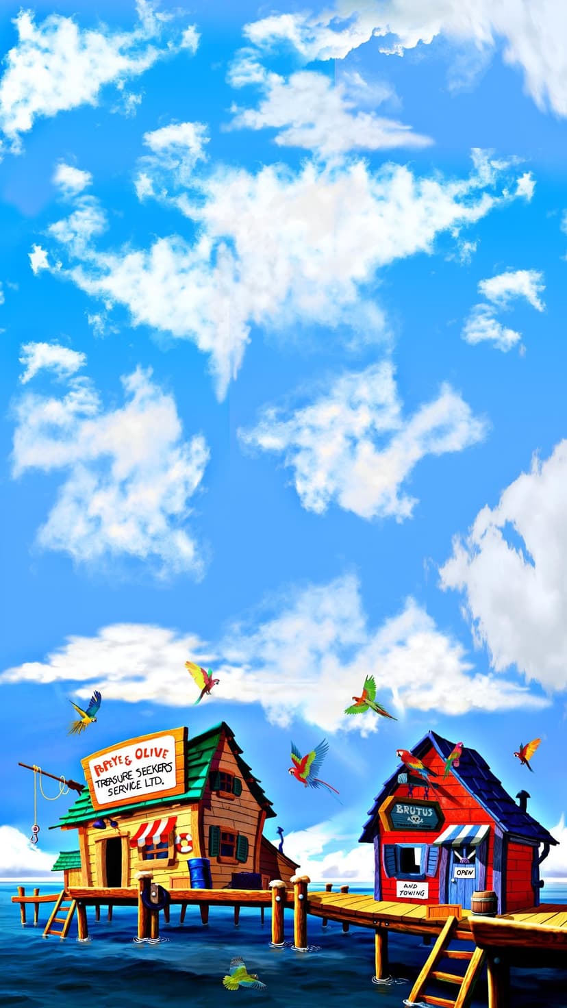 Colorful parrots fly over stilt-mounted beach shops and a pier under a sunny blue sky with fluffy clouds.