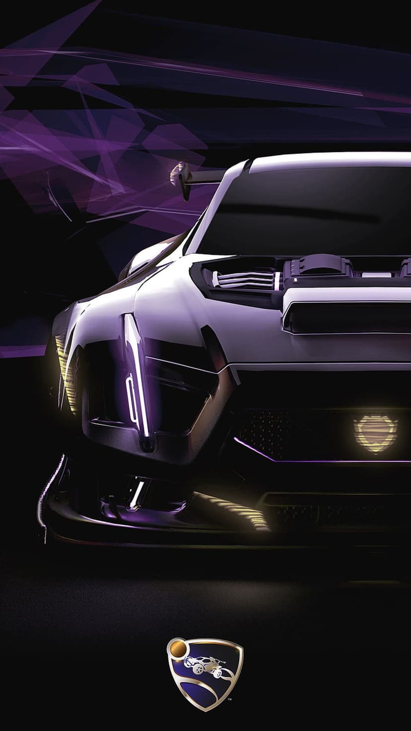 Black sports car with glowing purple headlights and an open hood displaying its engine next to a gaming logo.