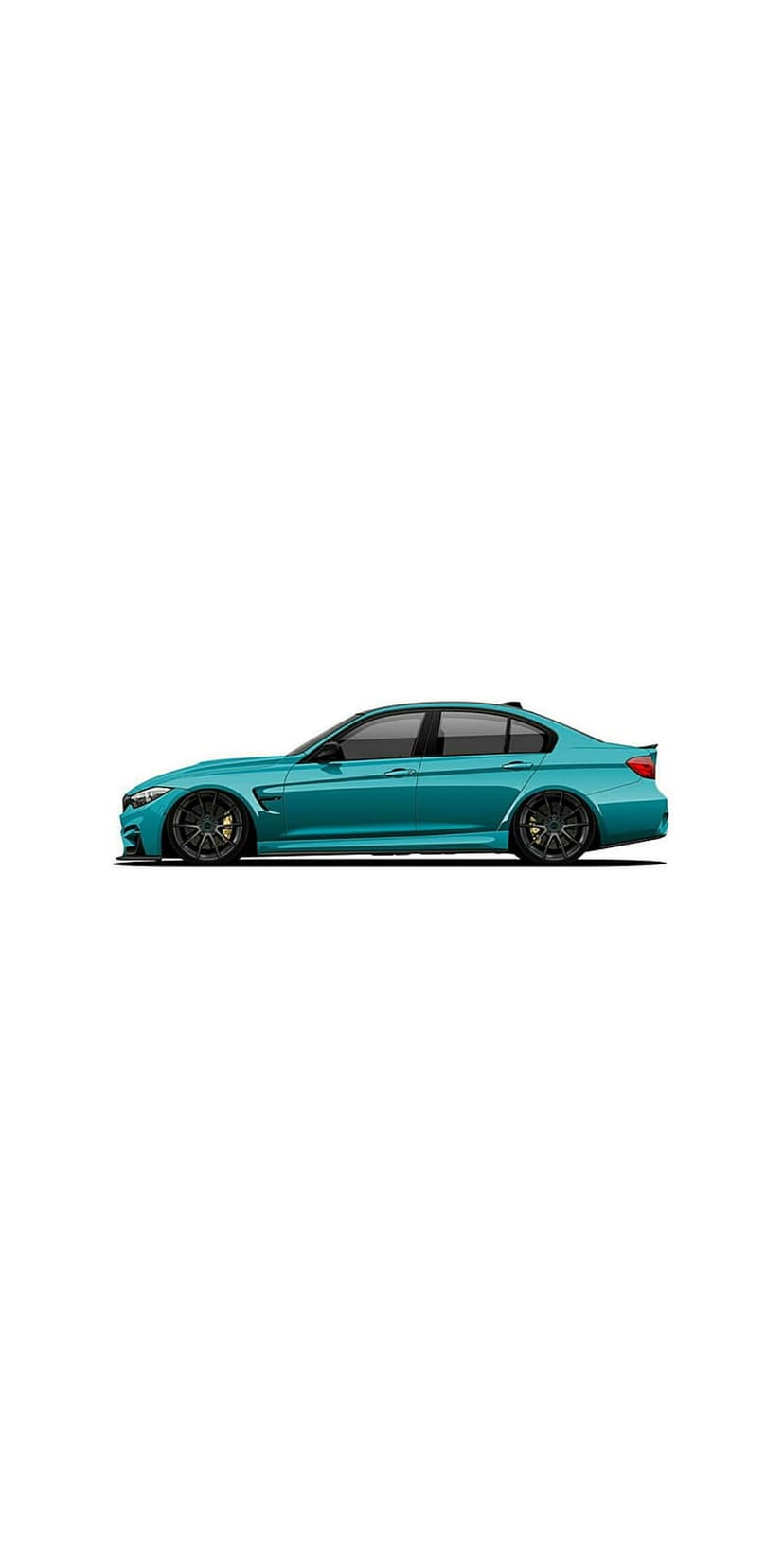 Turquoise BMW M3 sedan with dark custom rims and a lowered stance showcases a streamlined side profile.