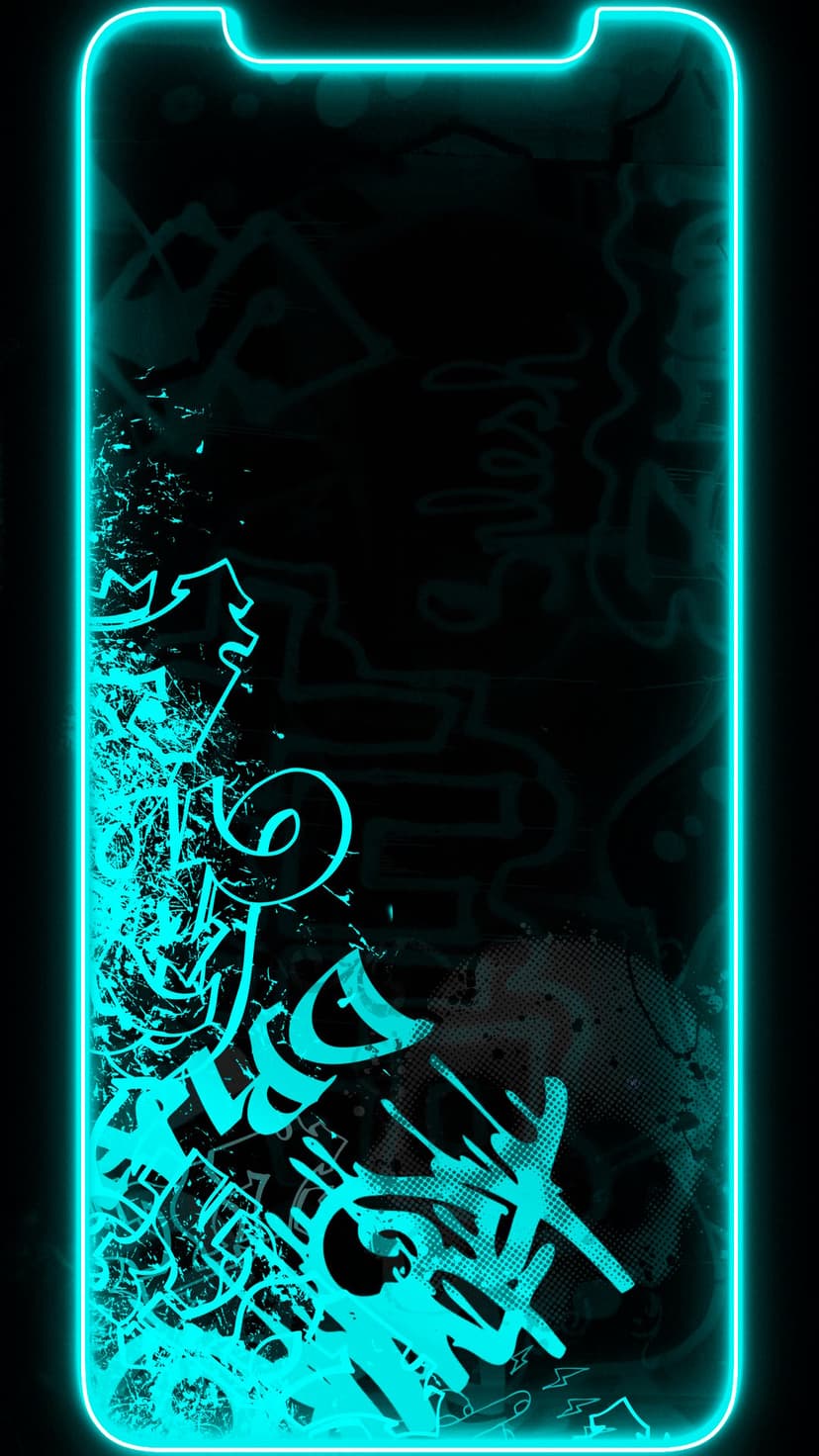 Neon blue street art tags and paint splashes glow with a bright cyan outline on a dark black background.