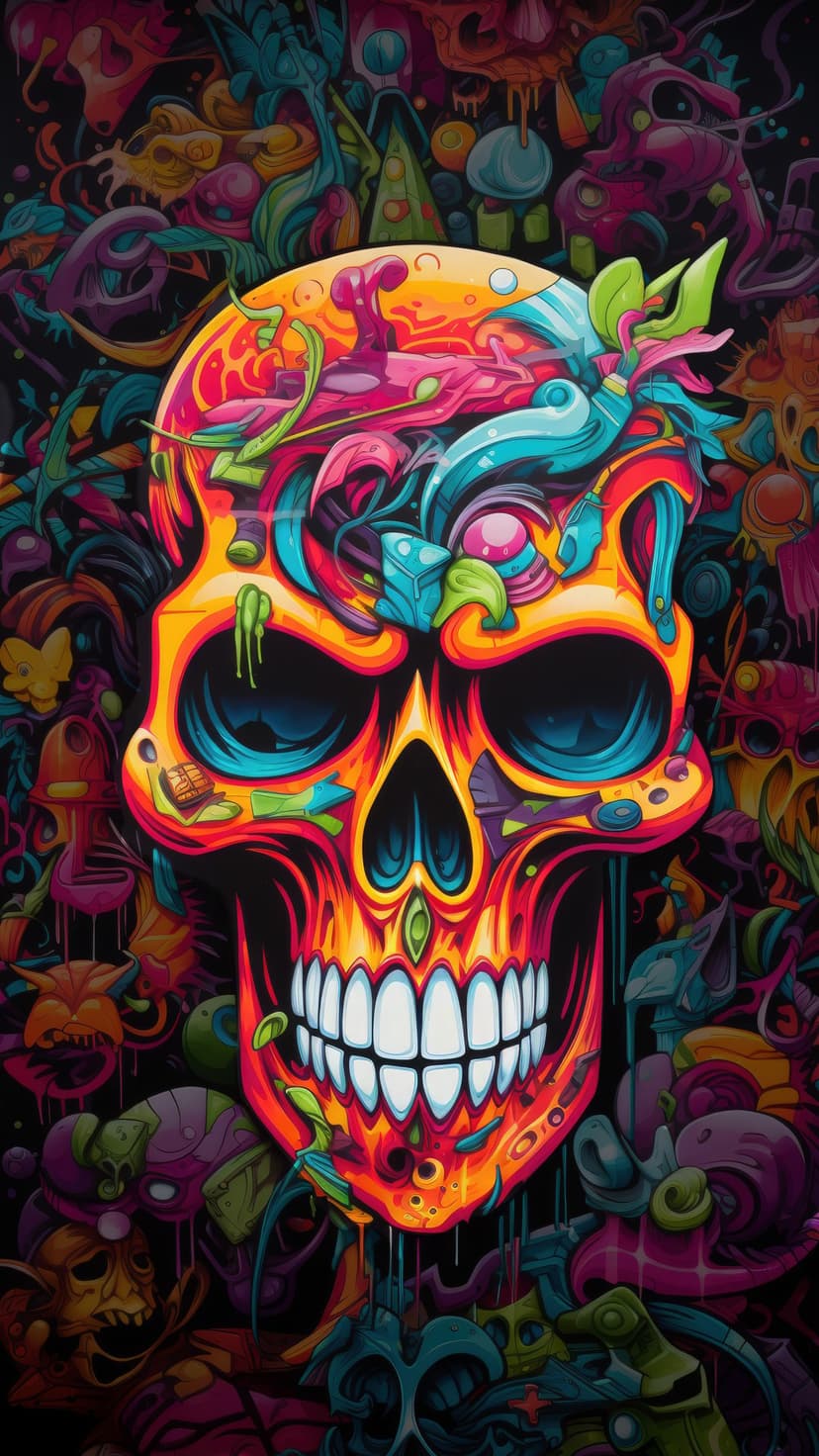 Skull with neon orange and blue spray paint textures surrounded by dark fantasy creatures and abstract shapes.