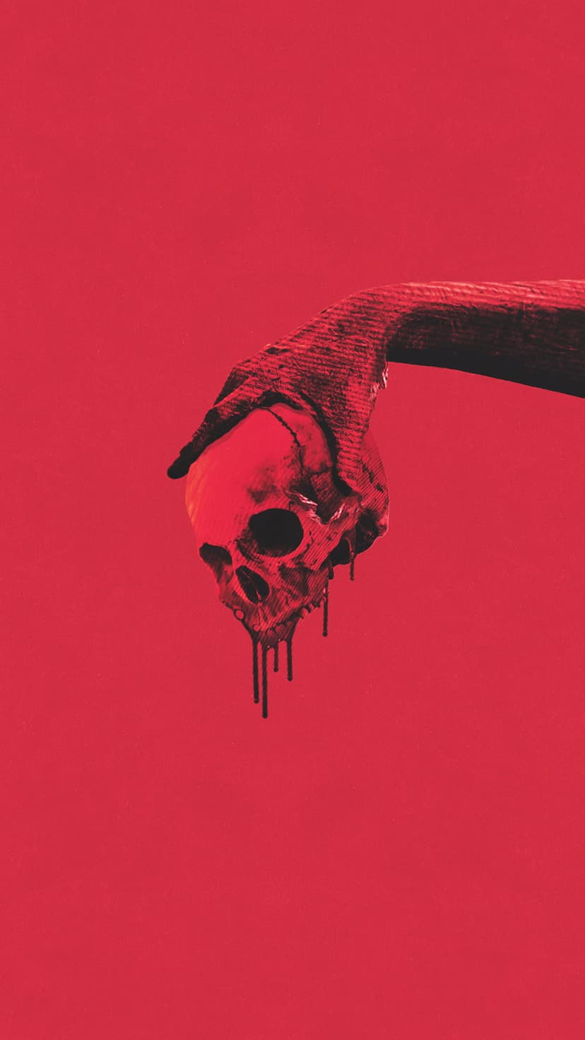 Human skull with dark liquid dripping from its jaw held by a hand wrapped in tattered cloth against a red wall.
