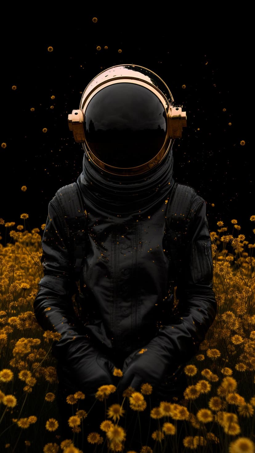 Astronaut in a dark suit with a gold visor stands in a field of yellow flowers against an obsidian sky.