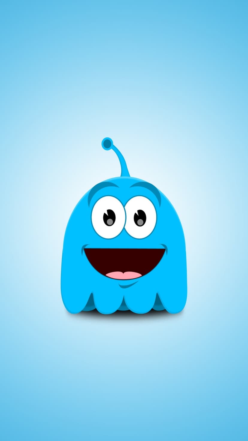 Blue monster with large white eyes, a wide grin, and a single antenna standing on a soft gradient backdrop.