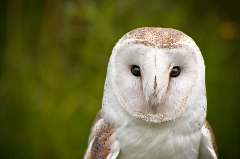Barn Owl with a white heart-shaped face stares forward against a blurred, vibrant green forest background.