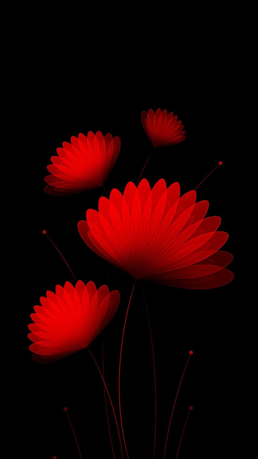 Red translucent flowers with thin stems and glowing crimson dots arranged on a solid black background.