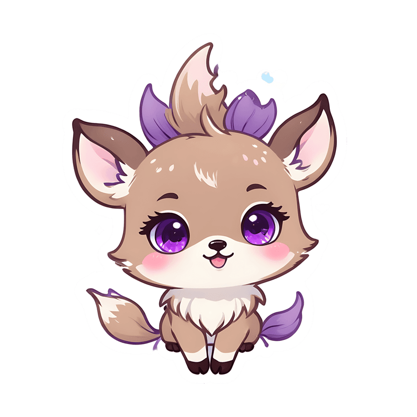 Fawn sticker with fluffy brown fur and glossy purple eyes features a white die-cut border and leaf accents.