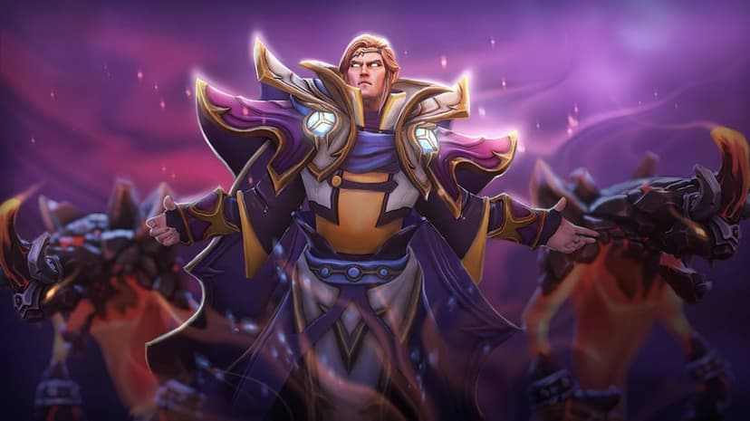Invoker in purple robes flanked by glowing lava golems against a misty magenta and violet background.