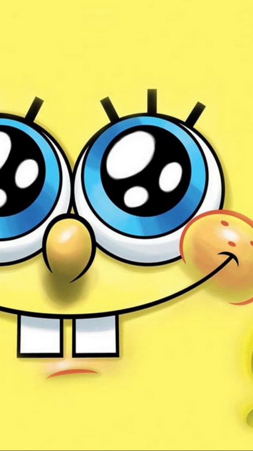 SpongeBob SquarePants with large blue eyes, long lashes, and two front teeth against a bright yellow background.