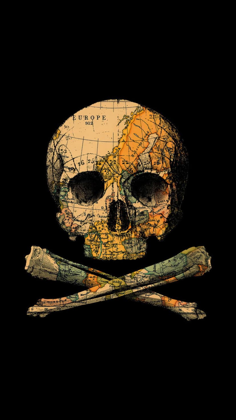Skull and crossbones with an antique world map texture set against a solid black background for mobile screens.