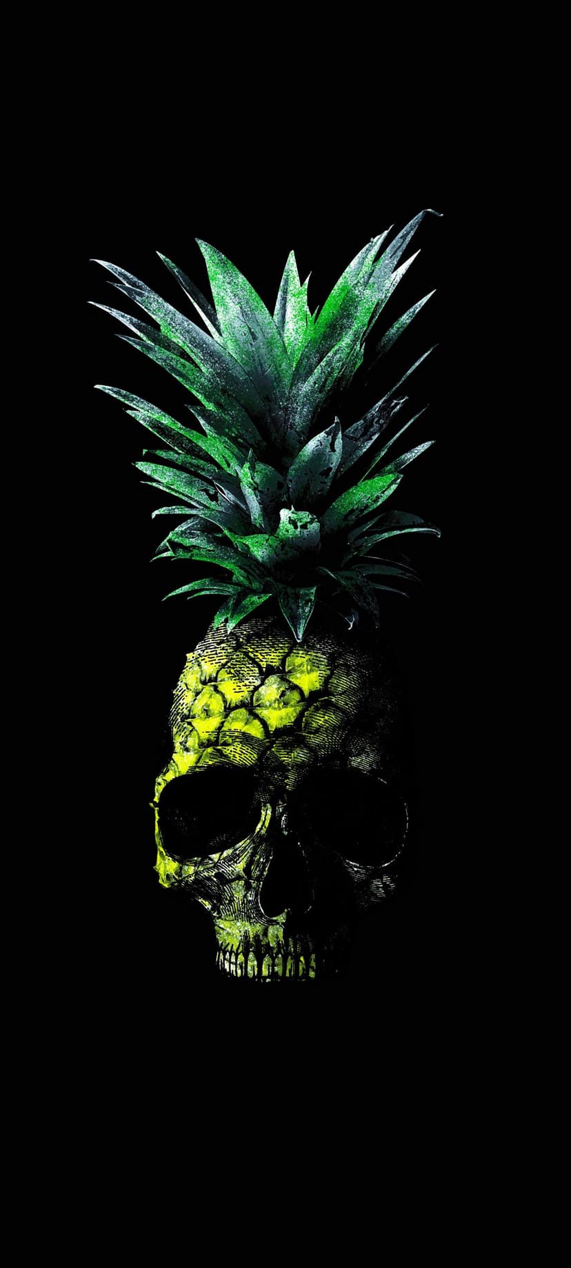 Human skull fused with a yellow pineapple texture and green spiky leaves centered on a solid black background.