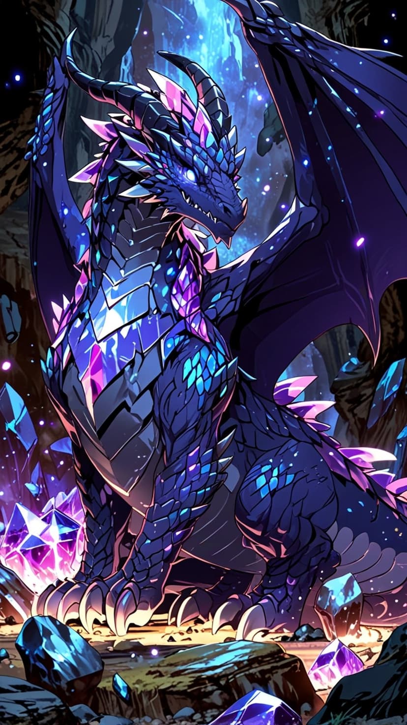 Crystal dragon with iridescent purple scales sits in a cavern surrounded by glowing blue luminescent minerals.