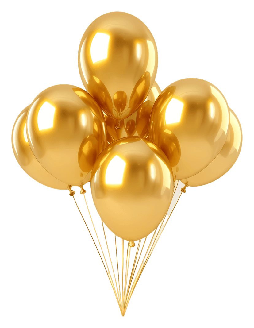 Golden balloon bunch cluster with reflective metallic surfaces and glossy chrome finishes against a clear backdrop.