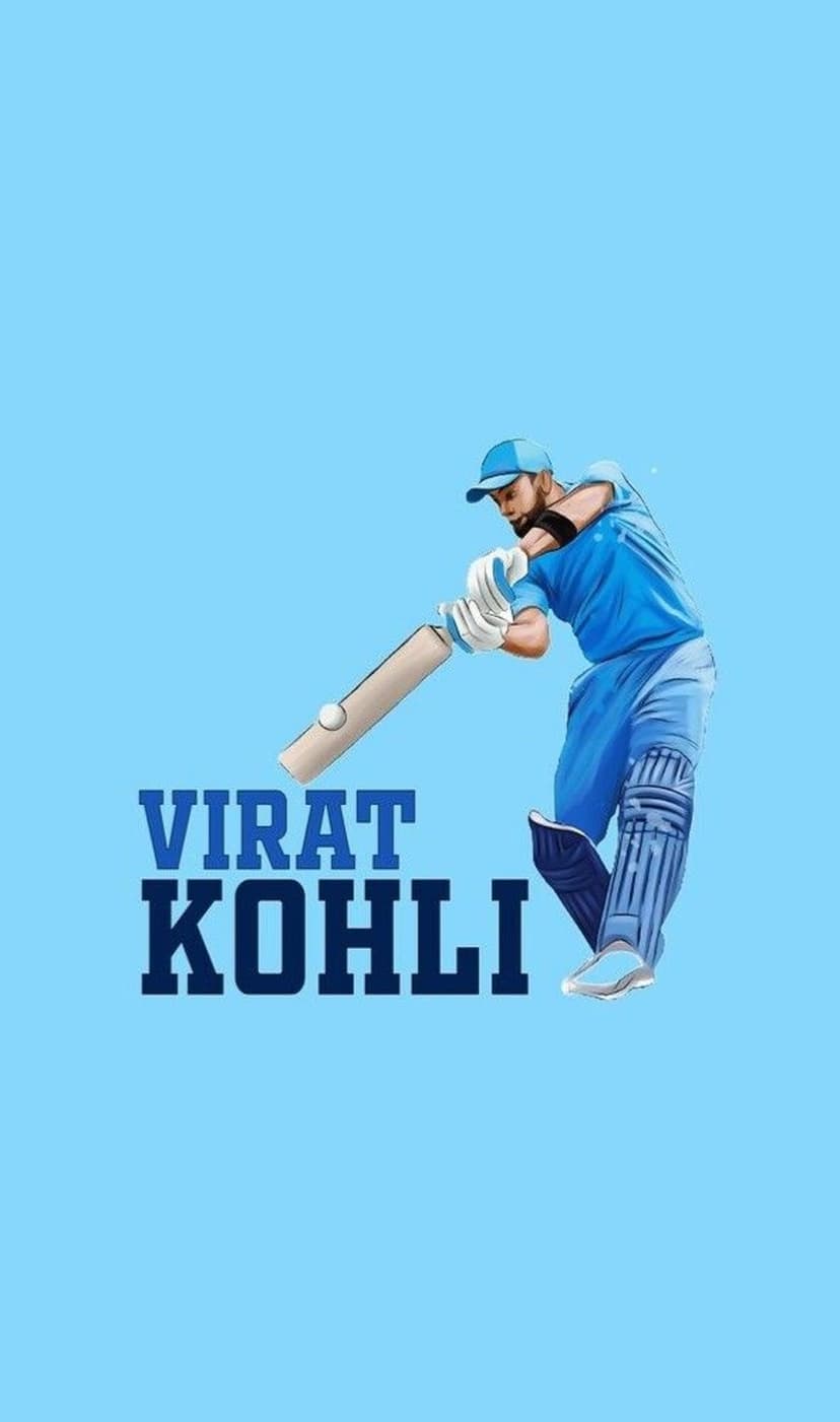 Virat Kohli swings a cricket bat toward a ball against a solid light blue background with his name at the bottom.
