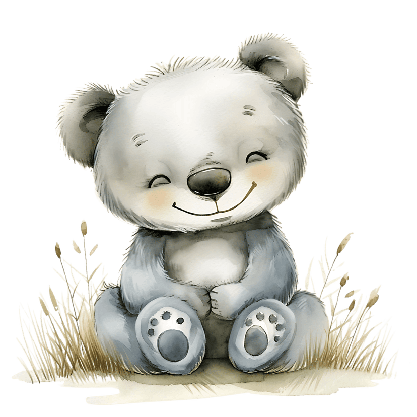 Grey watercolor teddy bear sitting in tall dry grass with closed eyes and pink blushed cheeks in soft light.