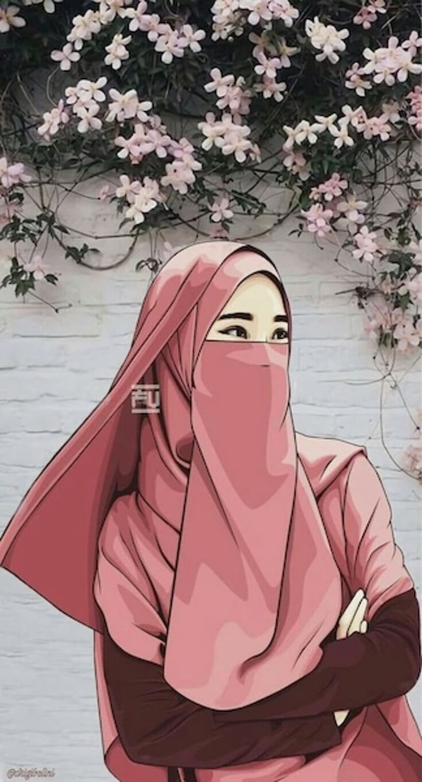 Girl wearing a pink hijab and niqab stands in front of a brick wall with climbing ivy and pink flowers.
