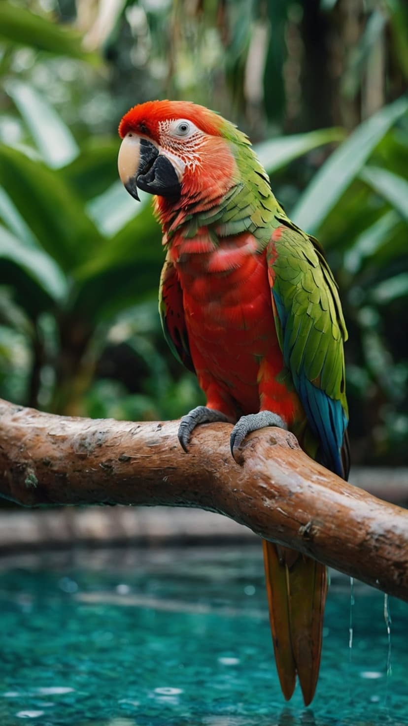 Scarlet Macaw with red and blue feathers perched on a wooden branch over glistening turquoise lagoon water.