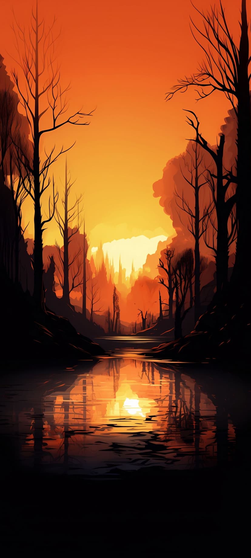 Orange sunset clouds reflecting in a dark, still river lined with silhouetted bare winter tree branches.
