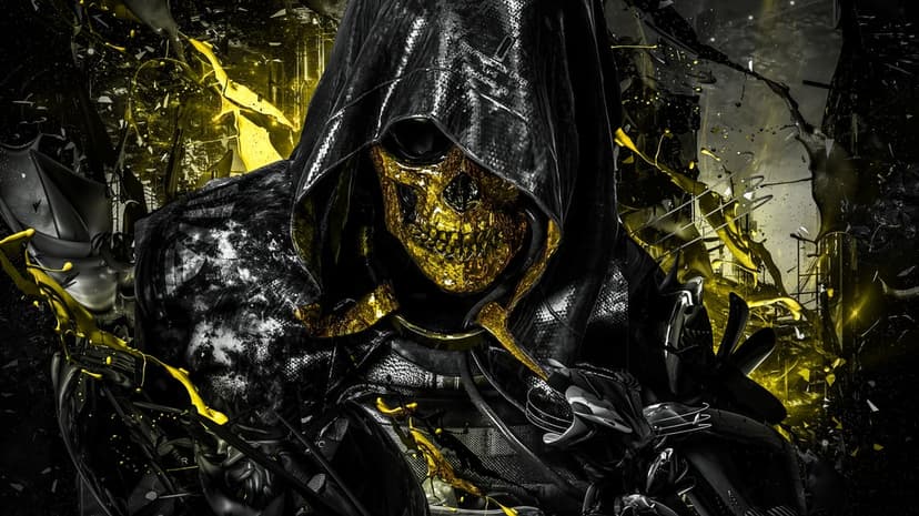 Golden skull mask under a black hood with abstract yellow liquid splashes on a dark textured background.
