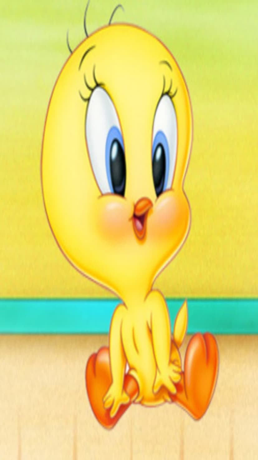 Tweety Bird sits with wide blue eyes and rosy cheeks against a yellow background with a turquoise border frame.