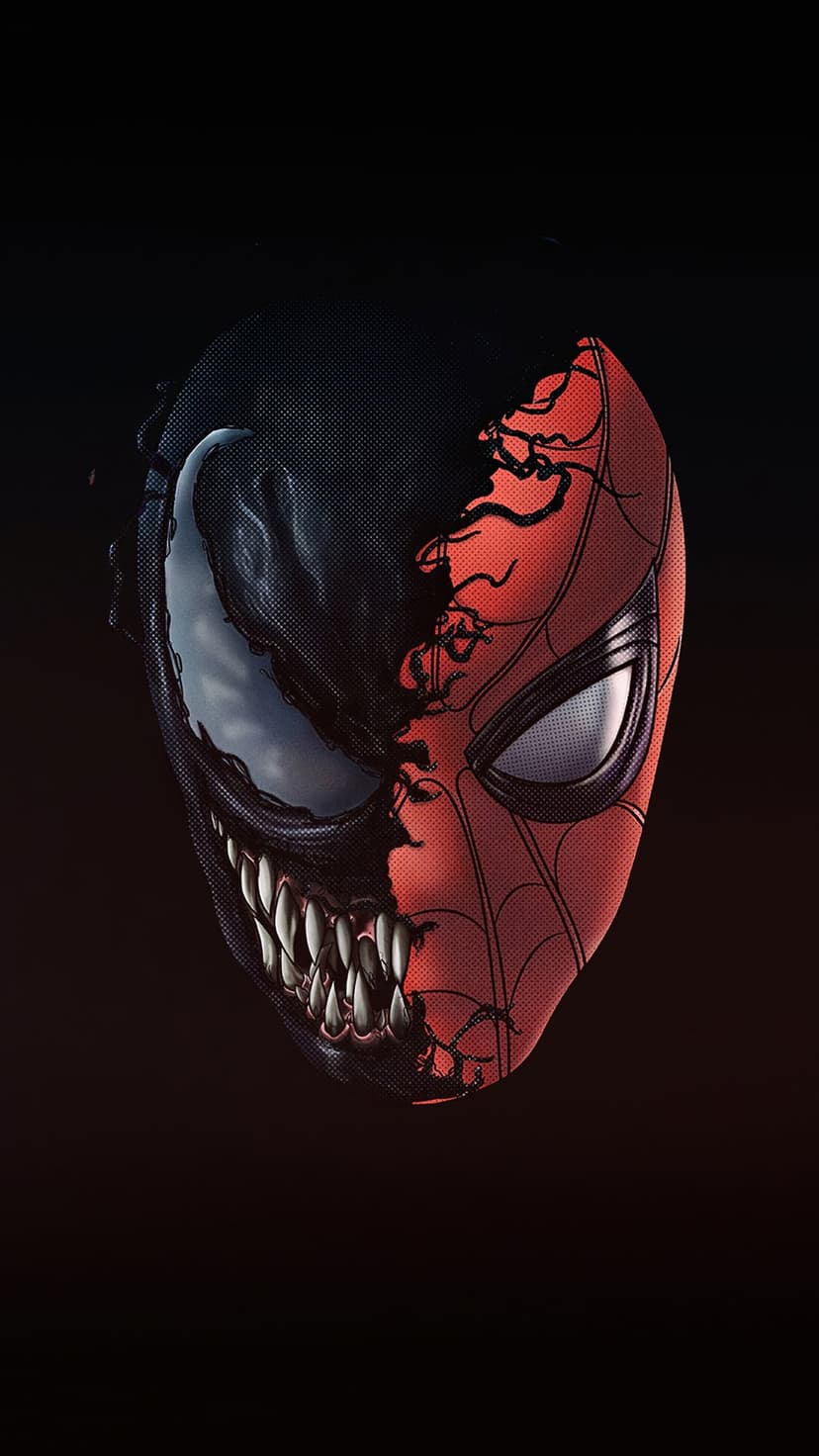 Spider-Man and Venom split face showing a red webbed mask, sharp white teeth, and a large menacing eye.
