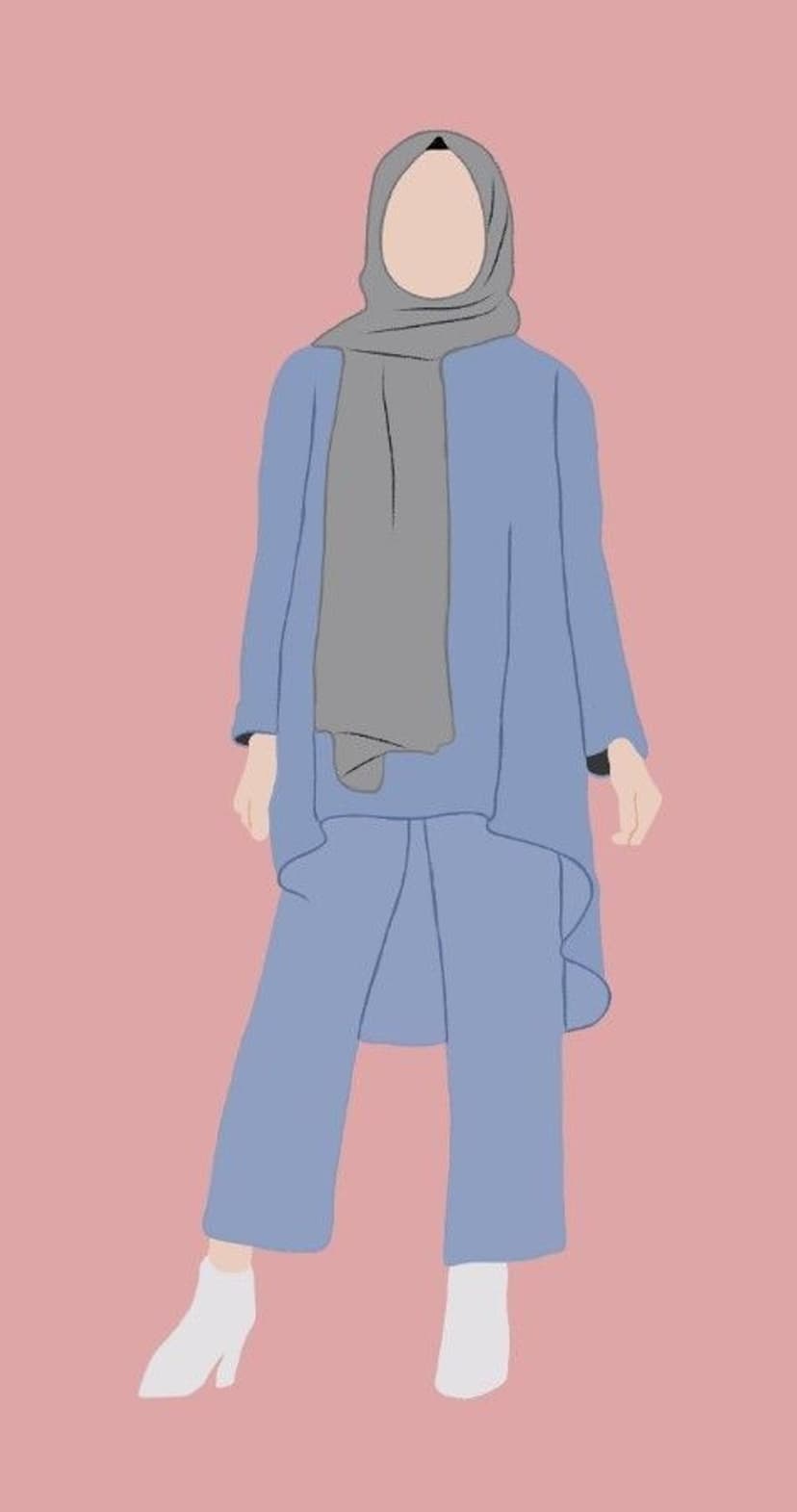 Woman wearing a flowing blue tunic, grey hijab, and white boots standing against a solid soft pink background.