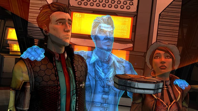 Rhys and Fiona with a blue Handsome Jack hologram in a high-tech lab with glowing orange computer screens.