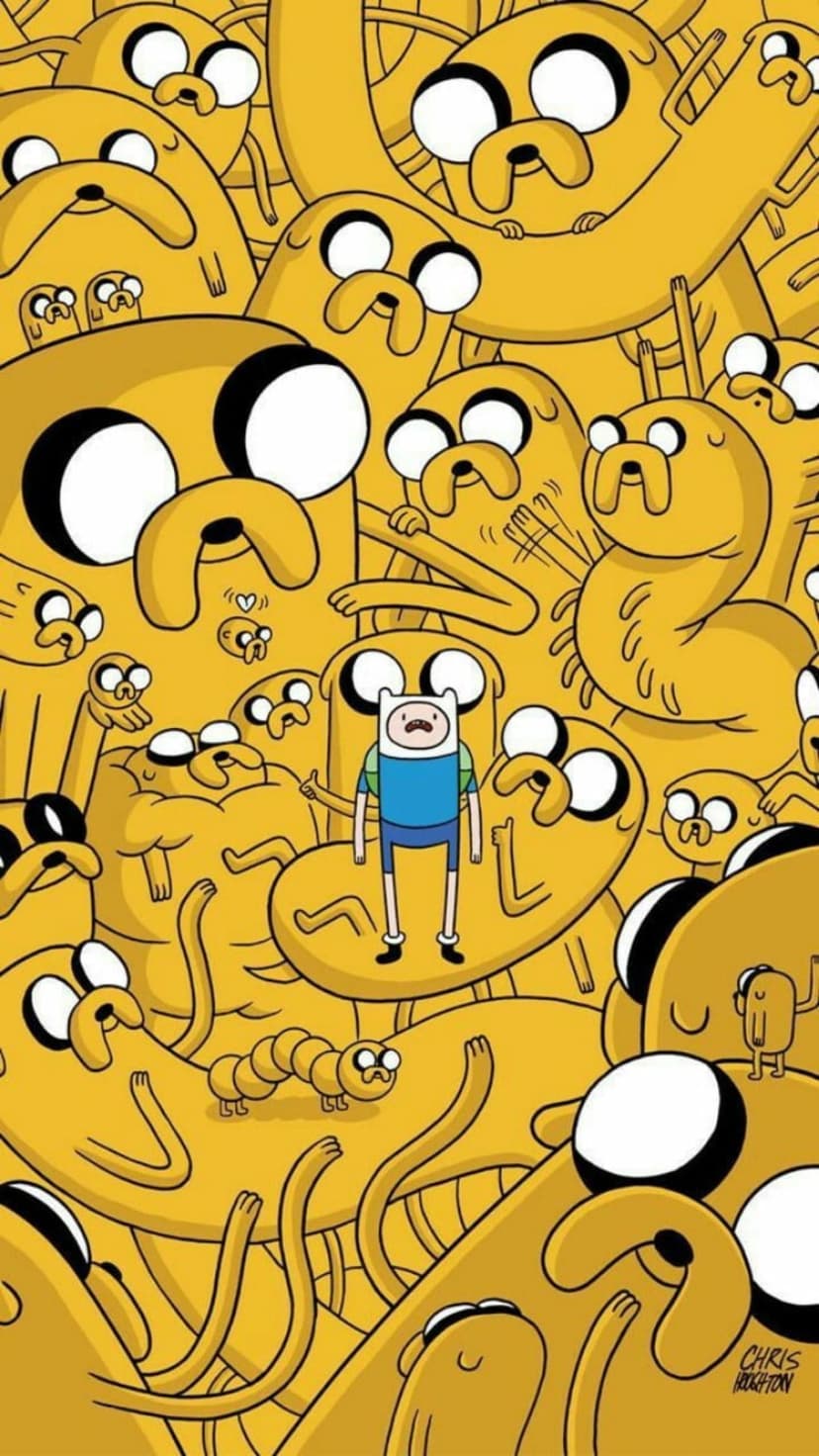 Jake the Dog appears in multiple shapeshifting forms surrounding Finn the Human on a bright yellow background.