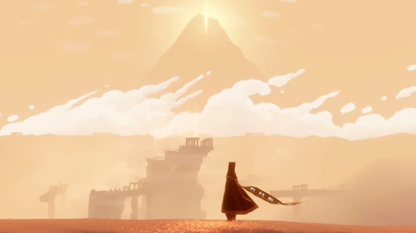 Robed traveler in a golden desert looking at a split mountain peak with glowing light and ancient ruins.