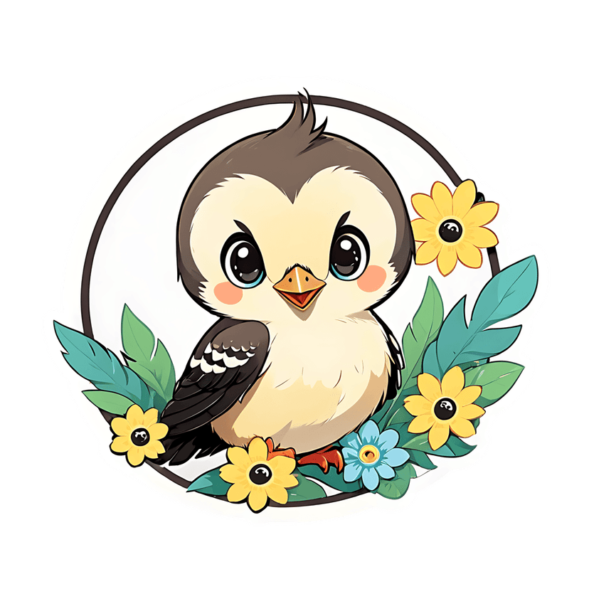 Beige sparrow bird sticker illustration featuring a frontal pose, yellow flowers, and teal green foliage.