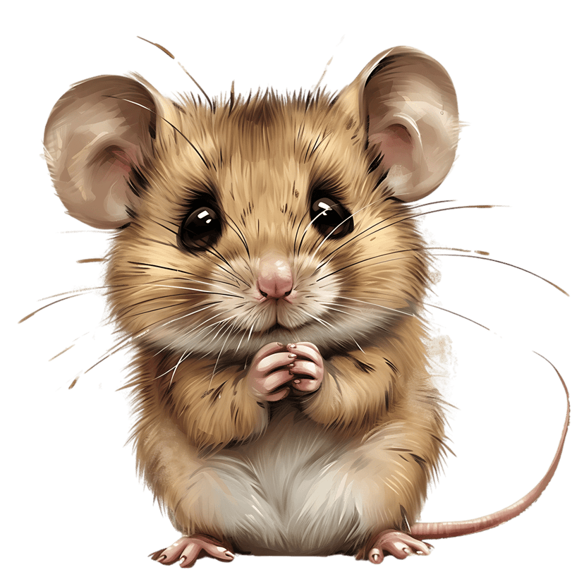 Brown cartoon mouse sits with clasped paws and large dark eyes. This rodent features a long tail and pink nose.