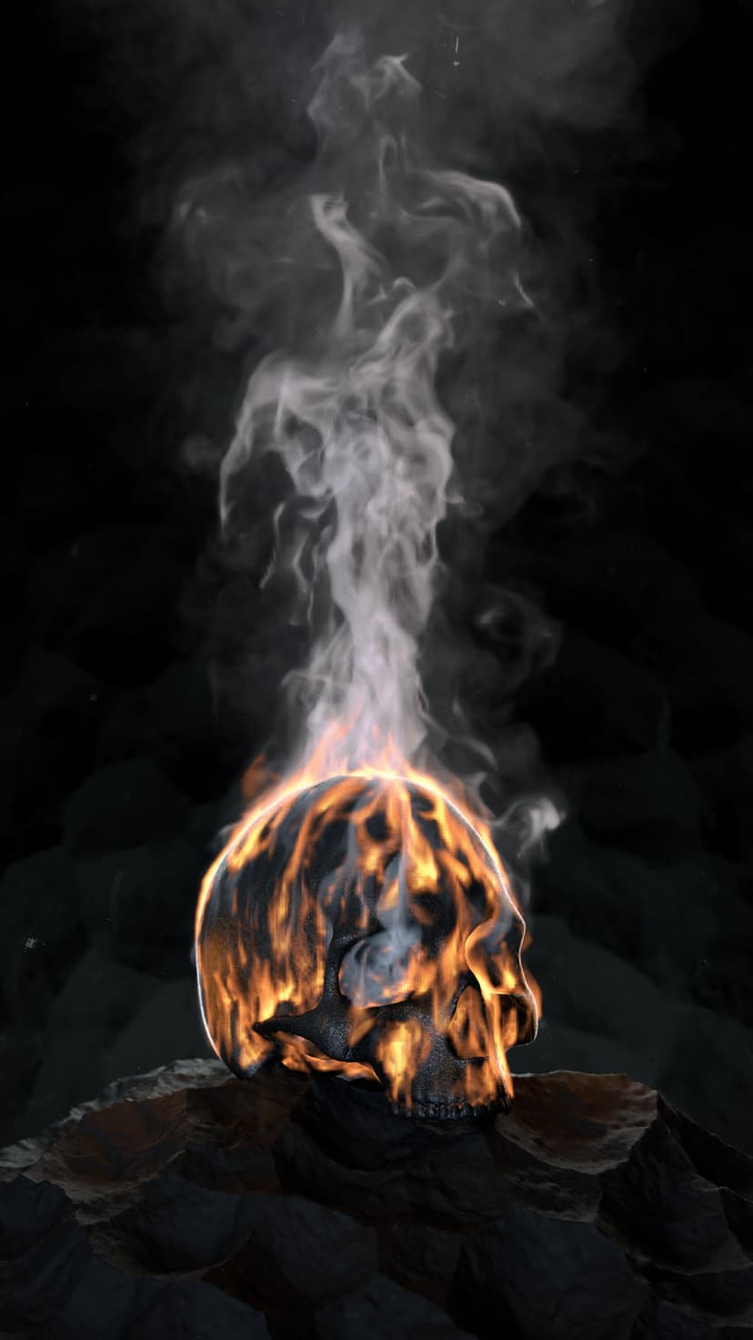 Skeletal skull engulfed in bright orange flames rests on dark jagged rocks with rising gray smoke plumes.