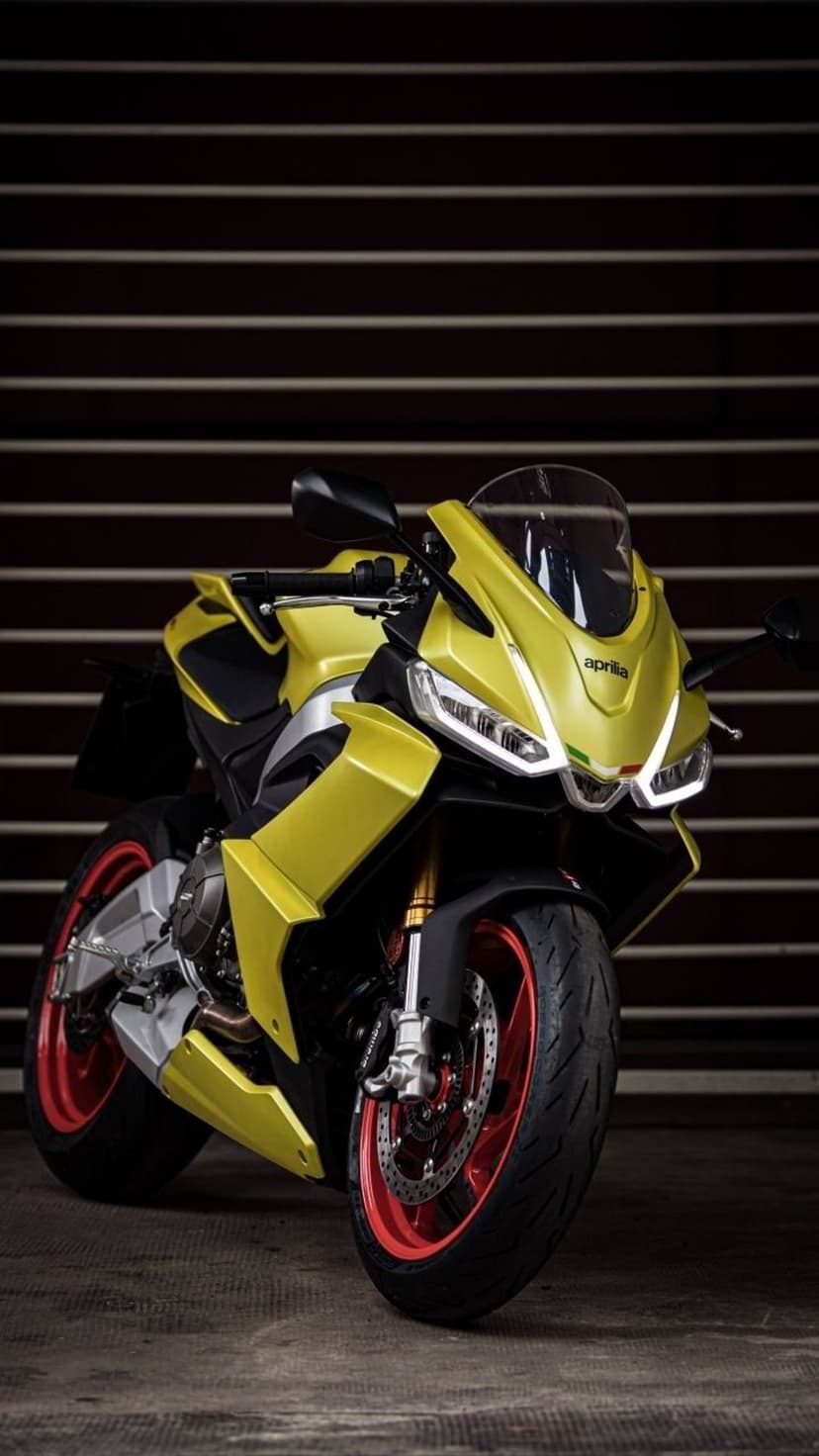 Yellow Aprilia motorcycle with red wheels and LED headlights positioned against a dark slatted background.